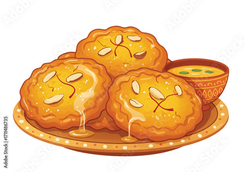 Flat 2D vector illustration of an authentic Rajasthan malpua dessert, a golden Indian sweet pancake, artfully displayed on a pristine white background.