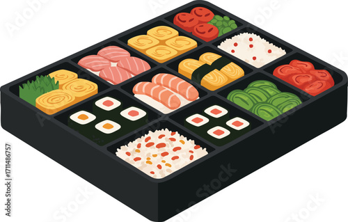 A top-down view of a black bento box filled with various Japanese dishes, including sushi, tamagoyaki, and rice.