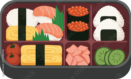 Describe the image in 6-180 characters, avoiding keyword lists. The image shows a bento box with various Japanese foods.