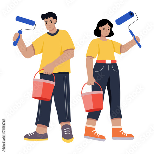 A flat style illustration showing a repairing team 
