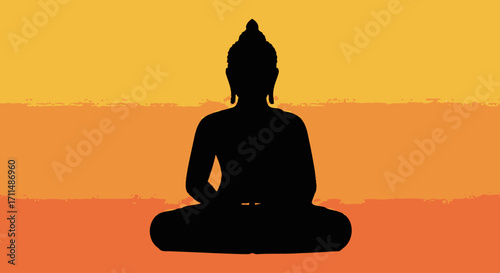 Serene Buddha Silhouette Against a Warm Sunset Gradient, Ideal for Meditation Guides, Spiritual Retreat Advertisements, and Mindfulness Practice Materials.