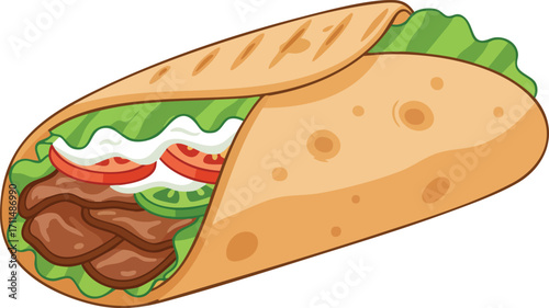 A delicious looking wrap filled with meat, lettuce, tomatoes, and sauce, all enclosed in a grilled tortilla.