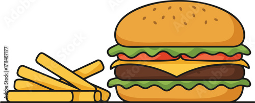 A colorful cartoon illustration of a classic fast food meal, featuring a cheeseburger and french fries on a white background.