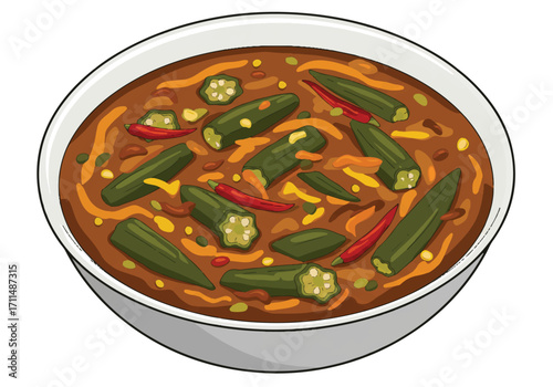 A vibrant flat 2D vector illustration showcases a delicious Rajasthan bhindi masala curry, rich with okra and spices, presented on a clean white background, highlighting authentic Indian cuisine.