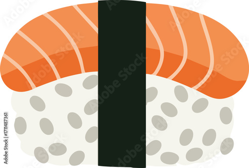 A simple vector illustration of a single piece of salmon nigiri sushi with a nori seaweed wrap, isolated on a white background.