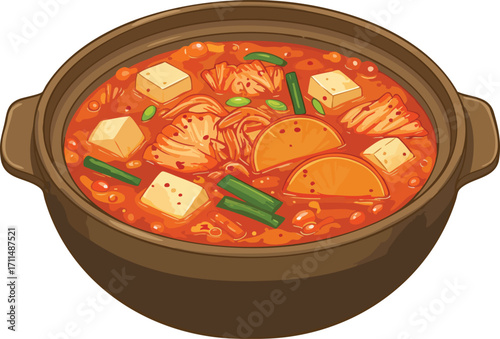 Kimchi jjigae in a brown pot, with tofu and vegetables.