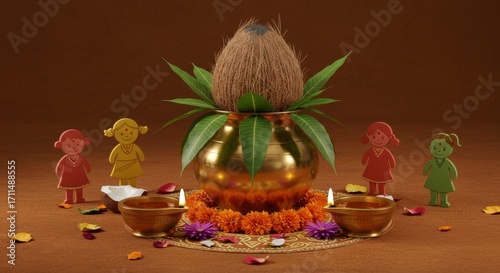 Ahoi Ashtami, Brass kalash filled with water, decorated with mango leaves and coconut