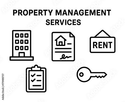 Property management services icons: building, contract, rent sign, checklist, key