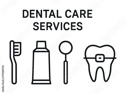 Dental care services icon set with toothbrush, toothpaste, mirror, braced tooth