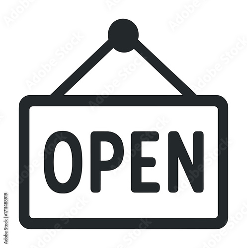 Open sign icon in black and white hanging on door