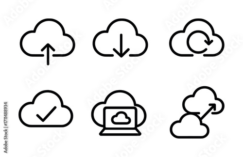 Cloud computing icons: upload, download, refresh, sync, data, storage