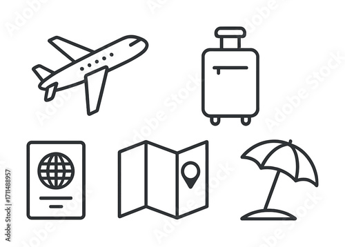 Travel icons featuring airplane, suitcase, passport, map, and umbrella