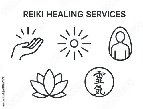 Reiki healing services symbols: hand, sun, human figure, lotus, japanese characters