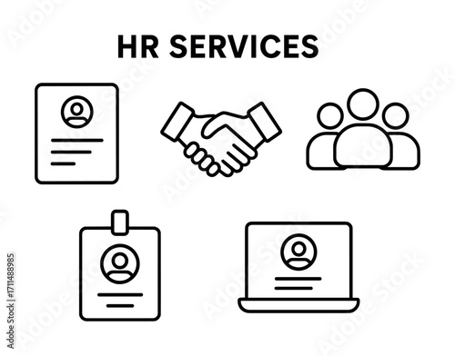 Human resource services icons featuring resume handshake group id badge and laptop
