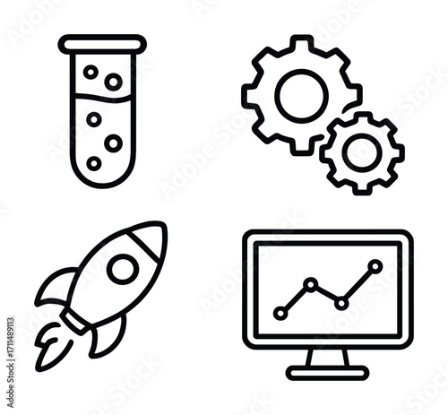 Science and technology icons: test tube, gears, rocket, graph