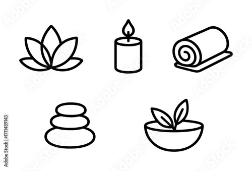 Minimalist spa icons: lotus, candle, towel, stones, herbal bowl