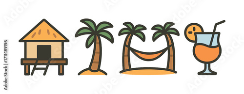 Tropical beach hut and palm trees with hammock and cocktail icons