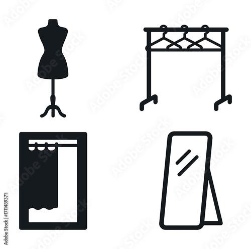 Fashion elements: dress form, clothing rack, dressing room, mirror icons