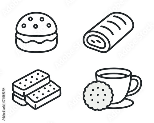 Monochrome outline icons of burger, swiss roll, cookies, and tea cup
