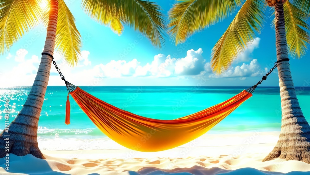Naklejka premium Hammock between palm trees on tropical beach