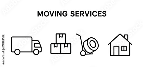 Minimalist icons representing moving services with truck boxes trolley house