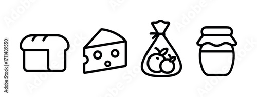 Bread, cheese, fruit bag, and jam jar icons in simple line style