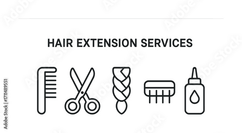 Hair extension services icons with comb scissors braid brush and glue elements
