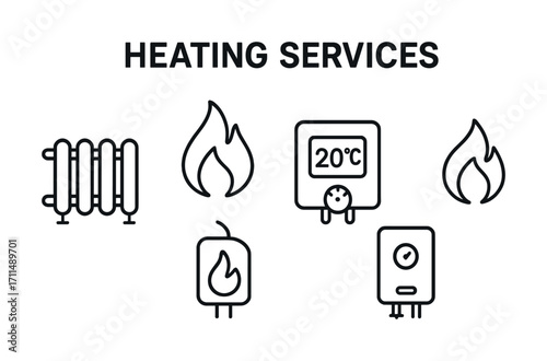 Heating services icon set with radiator, thermostat, and flame symbols