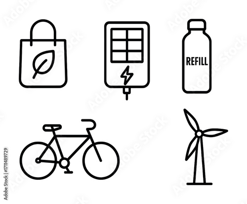 Eco-friendly icons: sustainable practices and renewable energy symbols