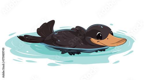 A digital illustration of a cute, cartoon-style black duckling swimming in calm, light blue water. The duckling is depicted with large, expressive eyes, a small orange beak, and dark feathers.