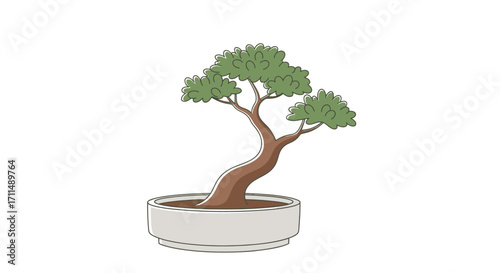 Elegant Bonsai Tree Illustration in White Pot, Symbolizing Peace and Harmony for Gardening Guides and Zen-Inspired Design Projects.