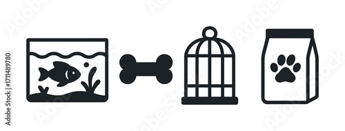 Pet care icons: fish tank, dog bone, bird cage, pet food bag