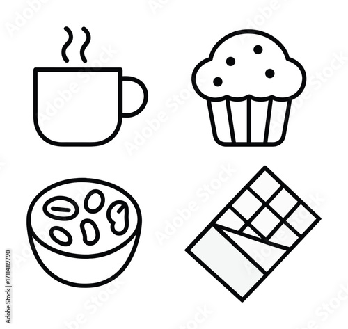 Coffee mug, cupcake, cereal bowl, and chocolate bar - simple icons