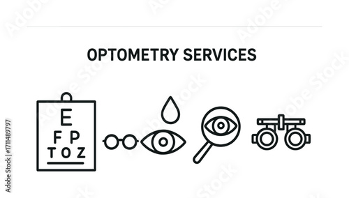 Optometry services icons: eye chart, glasses, eye, water drop, magnifier, phoropter