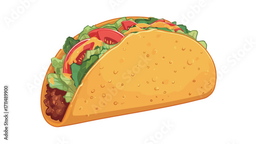 A digital illustration of a single hard-shell taco filled with ground beef, shredded lettuce, sliced tomatoes, and shredded cheese. The taco is presented at a slight angle against a plain white