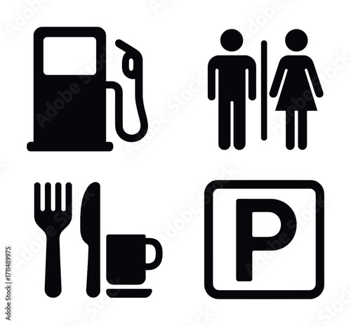 Set of four black icon symbols: fuel station, toilet, dining, parking