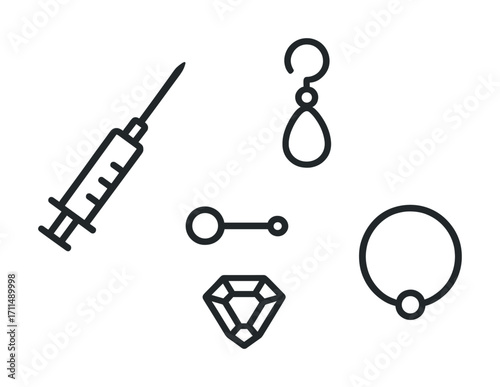 Syringe and jewelry line art icons: earrings, necklace, gemstone symbolism