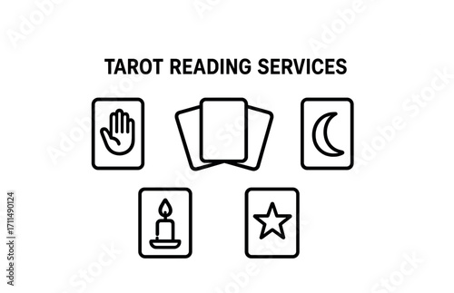 Tarot reading services sign with card symbols including hand, moon, star, and candle