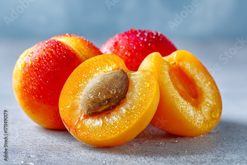 Fresh juicy apricots with water droplets and vibrant red background