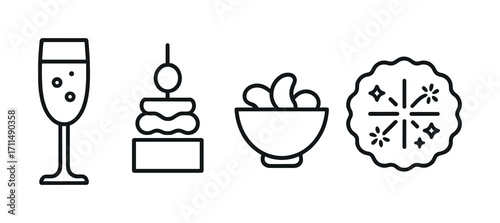 Vector icons of champagne, canape, snack bowl, and cookie with outline style