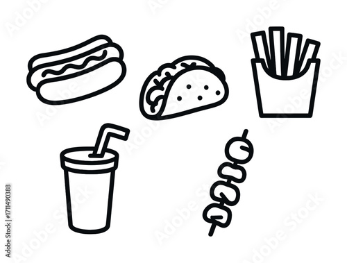 Fast food icons: hotdog, taco, fries, drink, skewer
