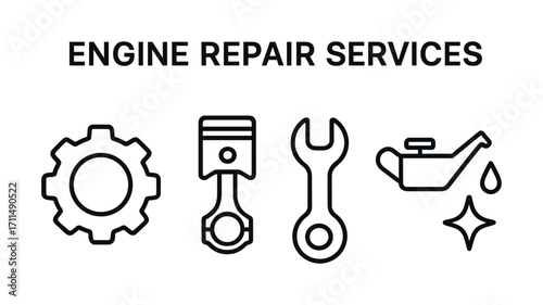 Essential engine repair services icons: gear, piston, wrench, oil