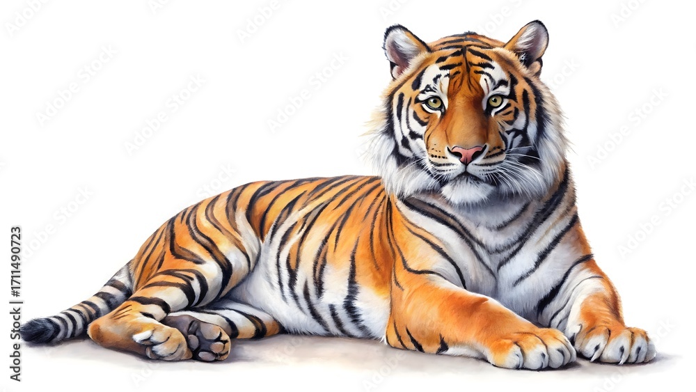 Naklejka premium Watercolor painting of a majestic tiger isolated on white background, showcasing its powerful presence and beauty