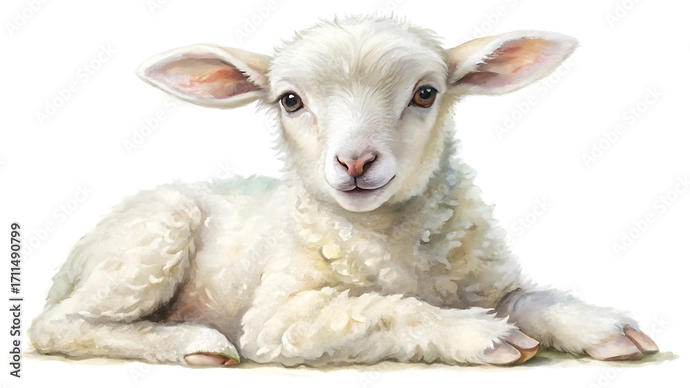 Fototapeta premium Watercolor painting of a cute white lamb lying down isolated on white background in a peaceful manner