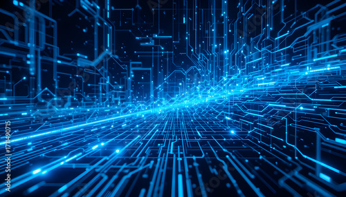 Dynamic neon blue digital circuit board lines pulse with vibrant energy, representing futuristic data flow and complex network connections in a modern technological landscape.