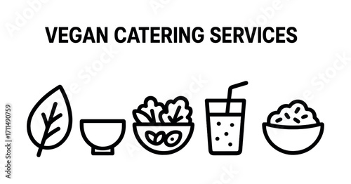Vegan catering services icons: leaf, bowl, salad, drink, rice bowl