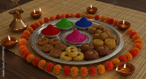 Bhai Tika, Silver plate filled with tika powders, marigold garlands and sweets, lit by warm oil lamps