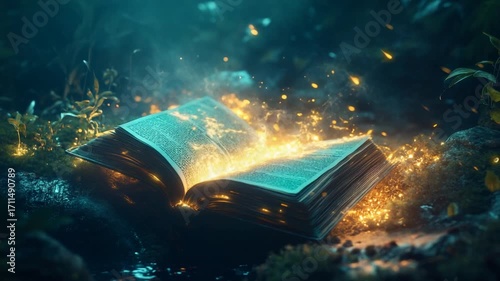 Enchanted book emitting sparks in a mystical forest