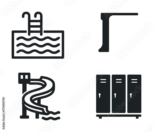 Swimming pool icons: slide, diving board, lockers, water waves