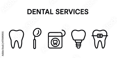 Dental services icons: tooth, mirror, floss, implant, braces